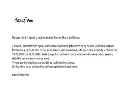 Upozornění - úplná uzavírka místní komunikace Za Řekou